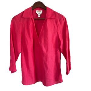 Talbots Irish Linen 3/4 Sleeve V-neck Side Zip Dark Pink Top Size 8
